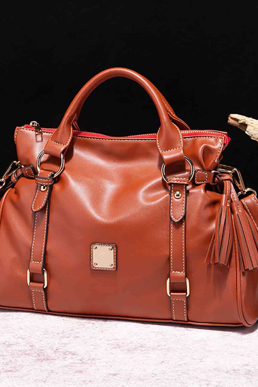 Large Tote Leather Handbag with Tassels