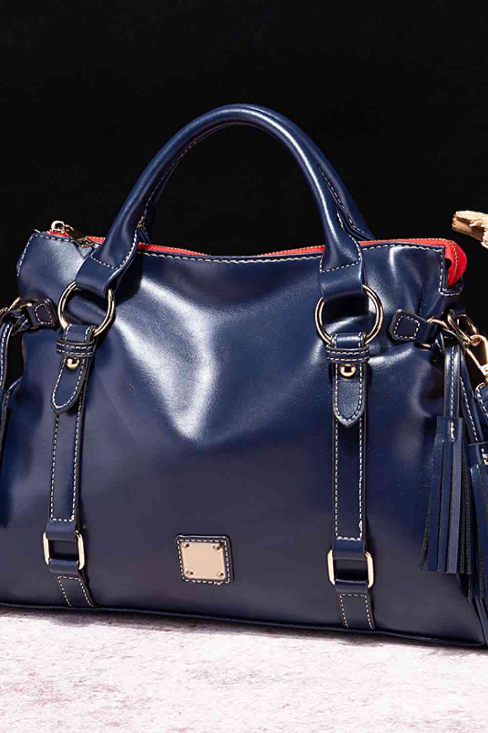 Large Tote Leather Handbag with Tassels