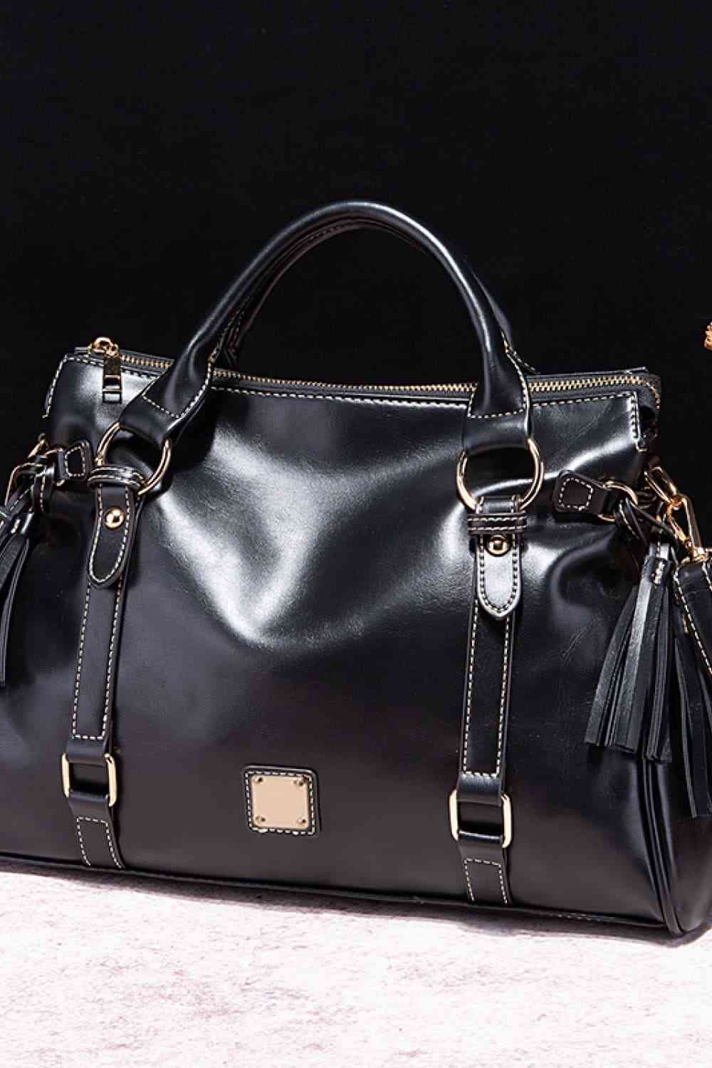 Large Tote Leather Handbag with Tassels