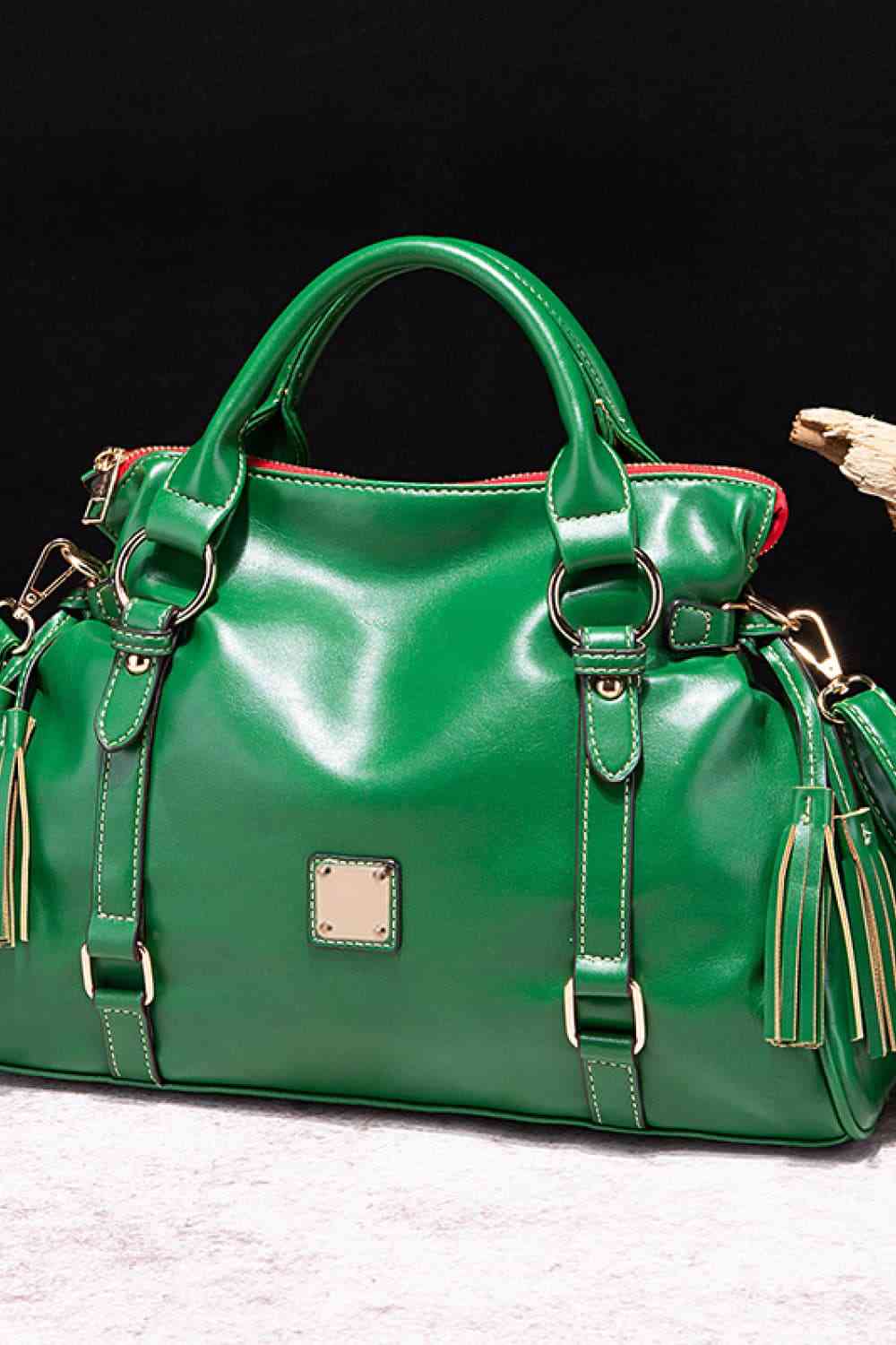 Large Tote Leather Handbag with Tassels