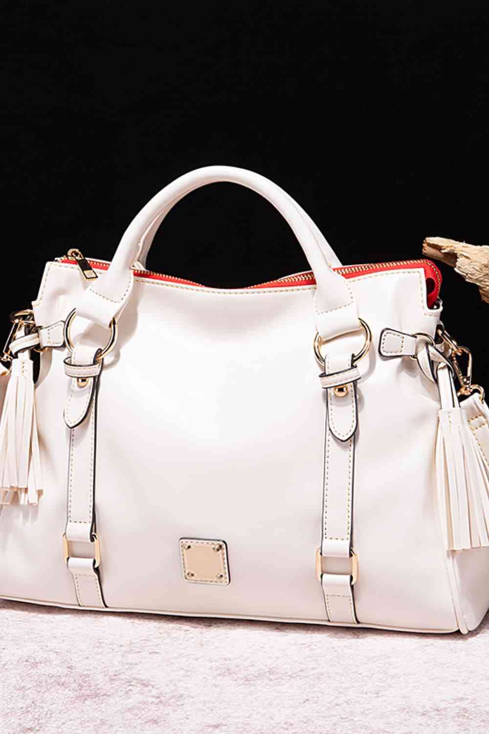 Large Tote Leather Handbag with Tassels